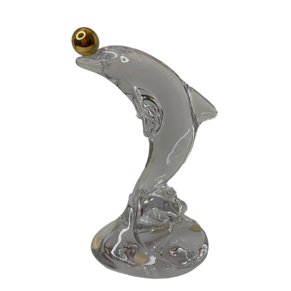 Vintage Sevres France Crystal Dolphin Sculpture Gold Ball Tip Nose Waves